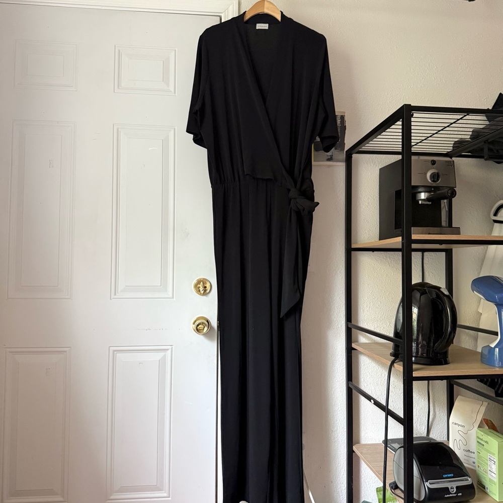 BY MALENE BIRGER black chunky knit surplice‎ wrap style tie wide leg jumpsuit
